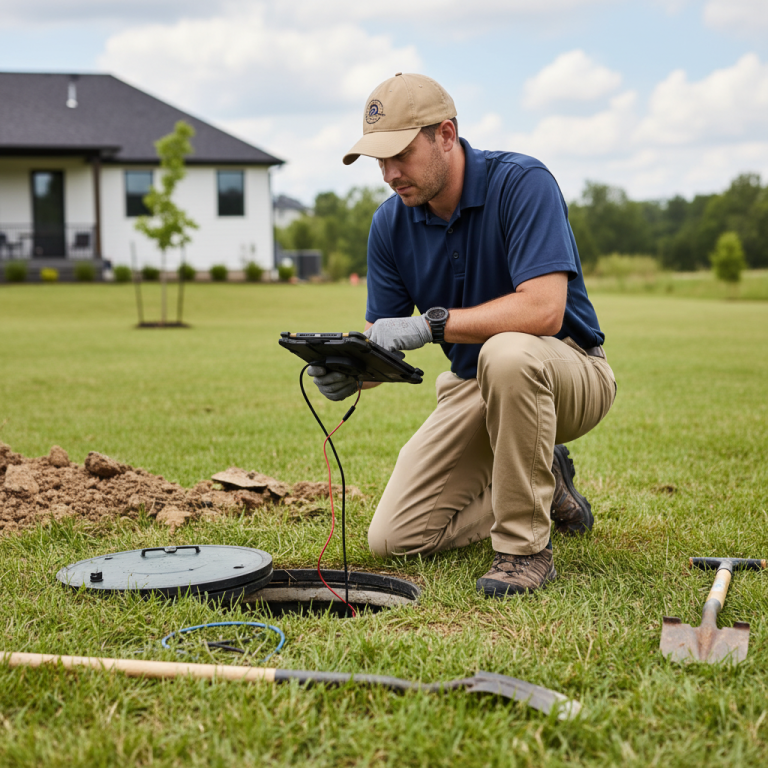 Upright Professional Inspections doing a septic inspection in Lorena.